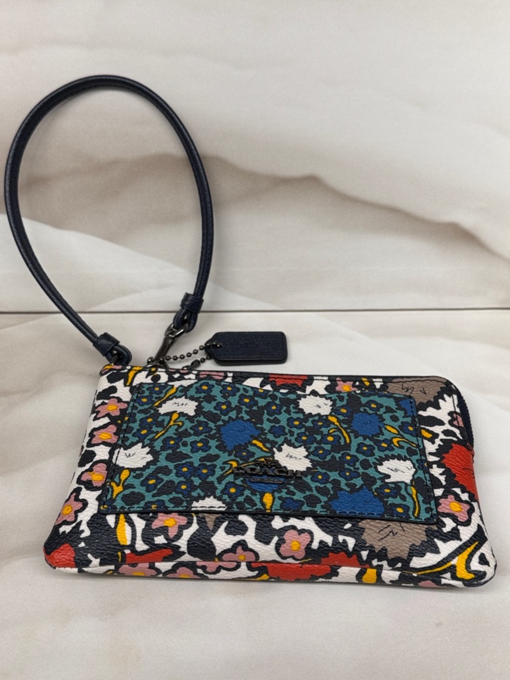 COACH Blue Multi Floral Leather Wristlet - Picture 3 of 13